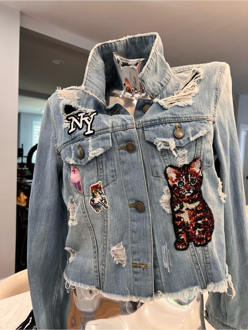 Design Lab Lord & Taylor Light Wash Denim Jacket with Distressed Accents